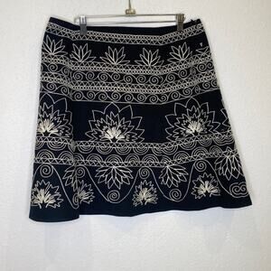 Talbots Petites Black w/Cream Embroidered Flowers A-Line Midi Skirt EUC Sz 14P